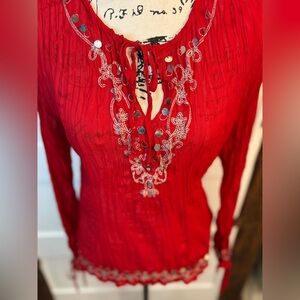 Kaelyn Max Red Sheer Embroidered Top – Silver Embellishments, Women’s Blouse
